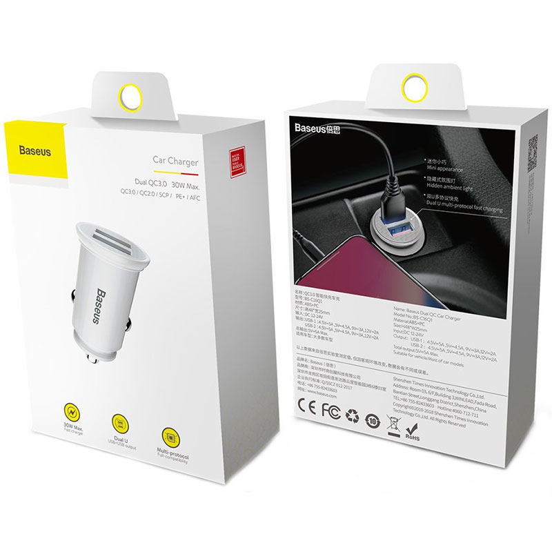 Baseus Car Charger Circular Plastic A+A Dual Quick Charge 3.0 30W White