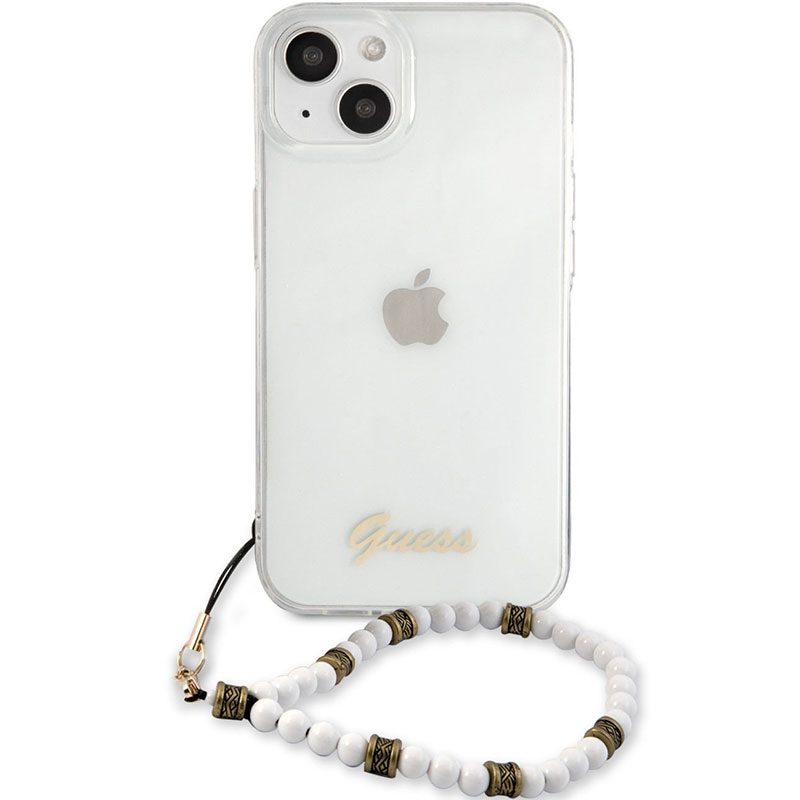 Guess PC Script and White Pearls Transparent Coque iPhone 13